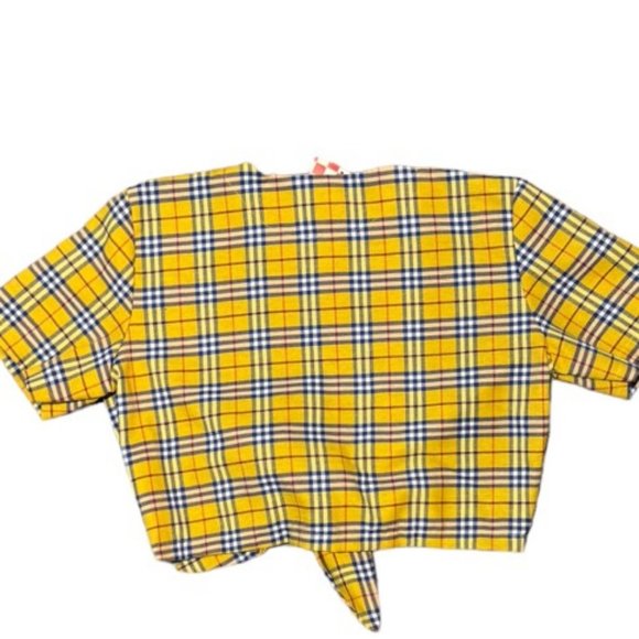 Omighty NWT Yellow Plaid Tie Front Crop Top Mini Skirt Set Size L - Picture 7 of 8